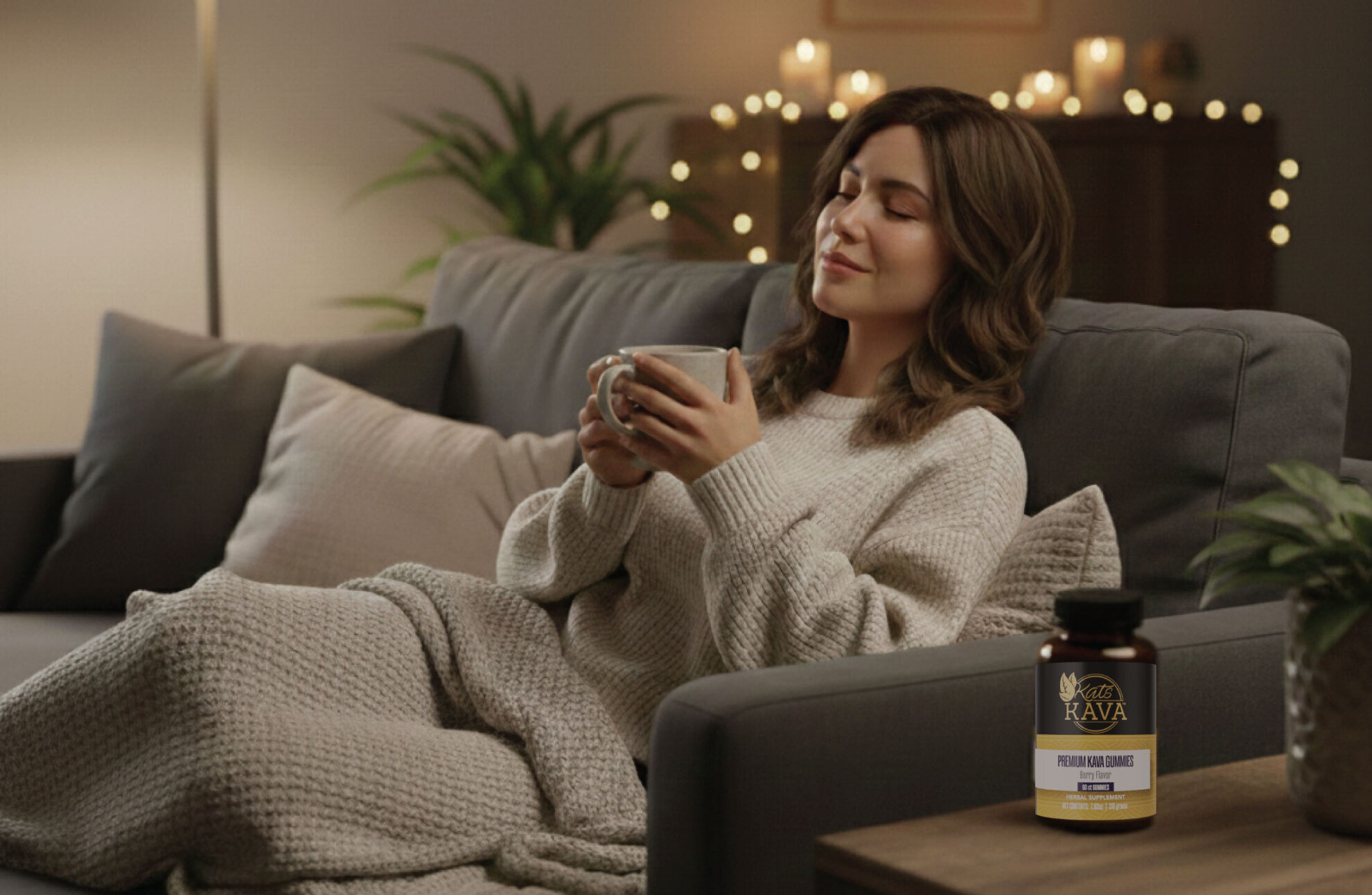  A woman in cozy loungewear relaxes on a couch with a mug, wrapped in a knit blanket. Warm lights and home decor create a calm atmosphere. A bottle labeled “Kava Relax and Calm Gummies” sits on the table nearby.