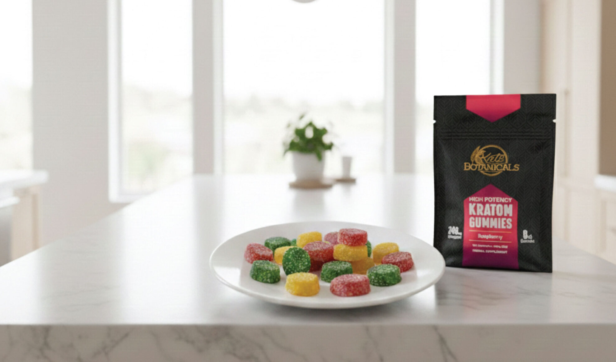 A plate of colorful gummy candies sits on a white marble countertop next to a black bag labeled Krave Botanicals High Potency Kratom Gummies in a bright kitchen with a plant in the background.