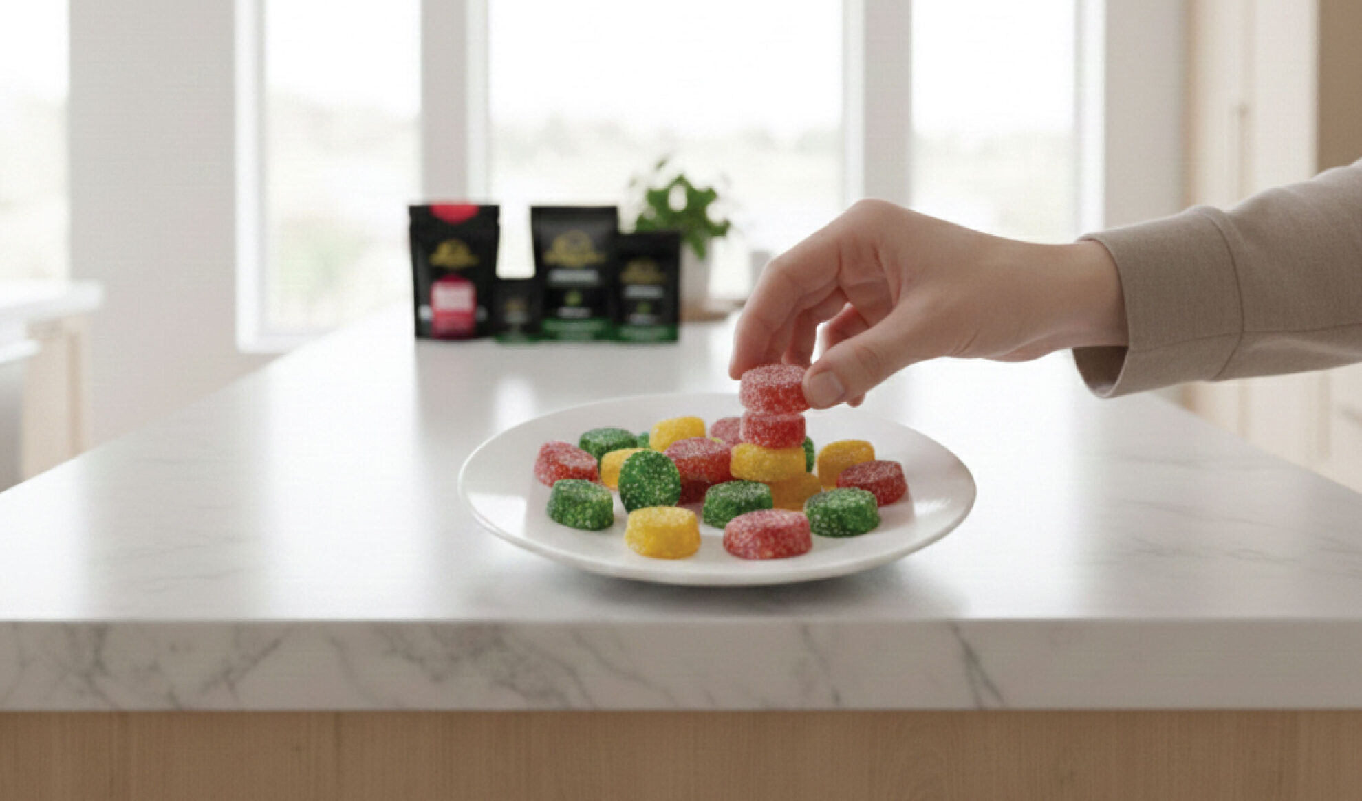 A hand reaches for a red gummy candy from a plate filled with colorful sugar-coated gummies on a white kitchen counter, with blurred snack packages in the background.