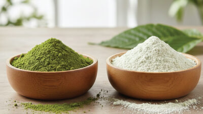 Two wooden bowls on a table, one filled with green powder and the other with white powder, with a green leaf and blurred outdoor background.