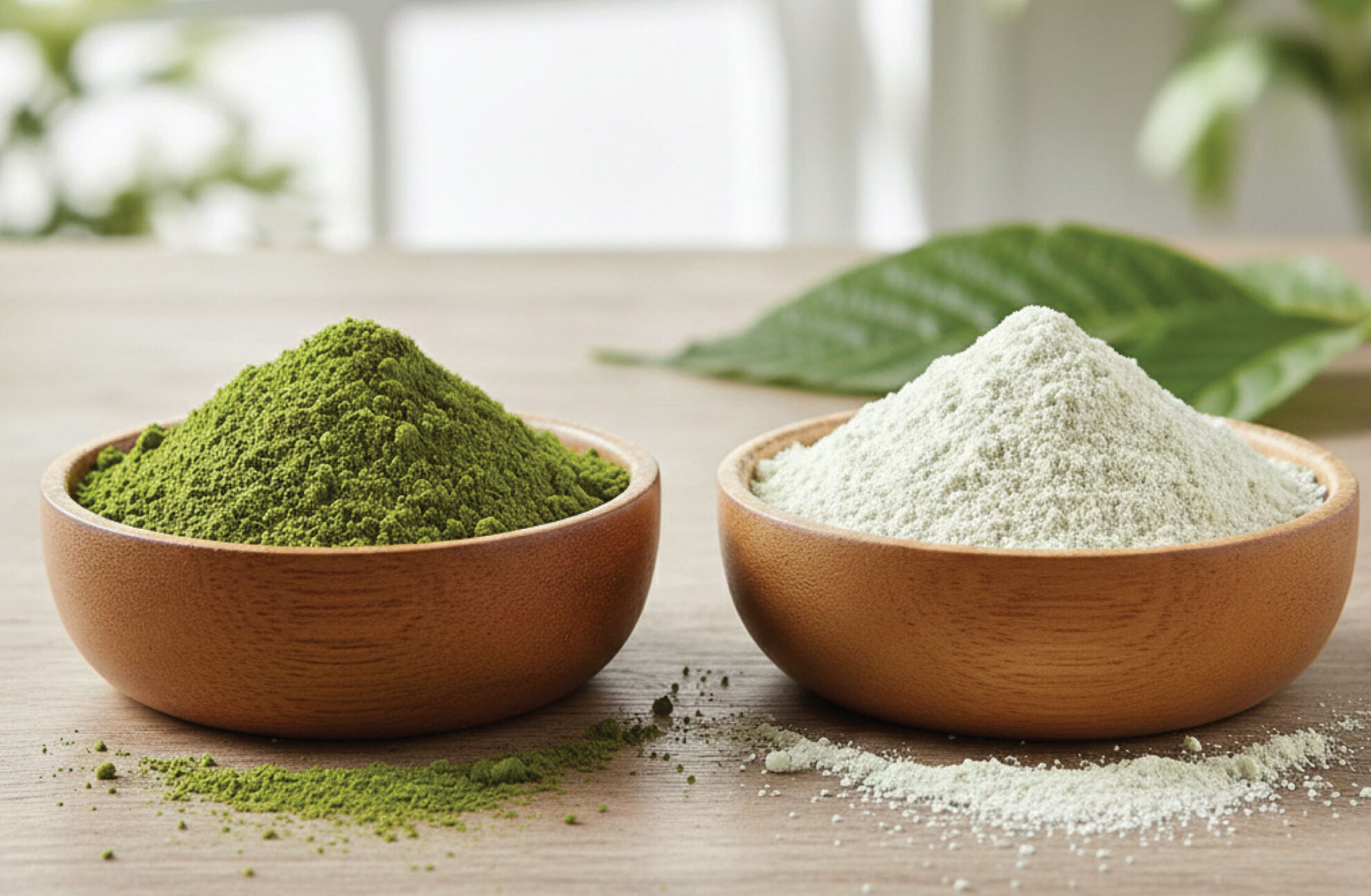Two wooden bowls on a table, one filled with green powder and the other with white powder, with a green leaf and blurred outdoor background.