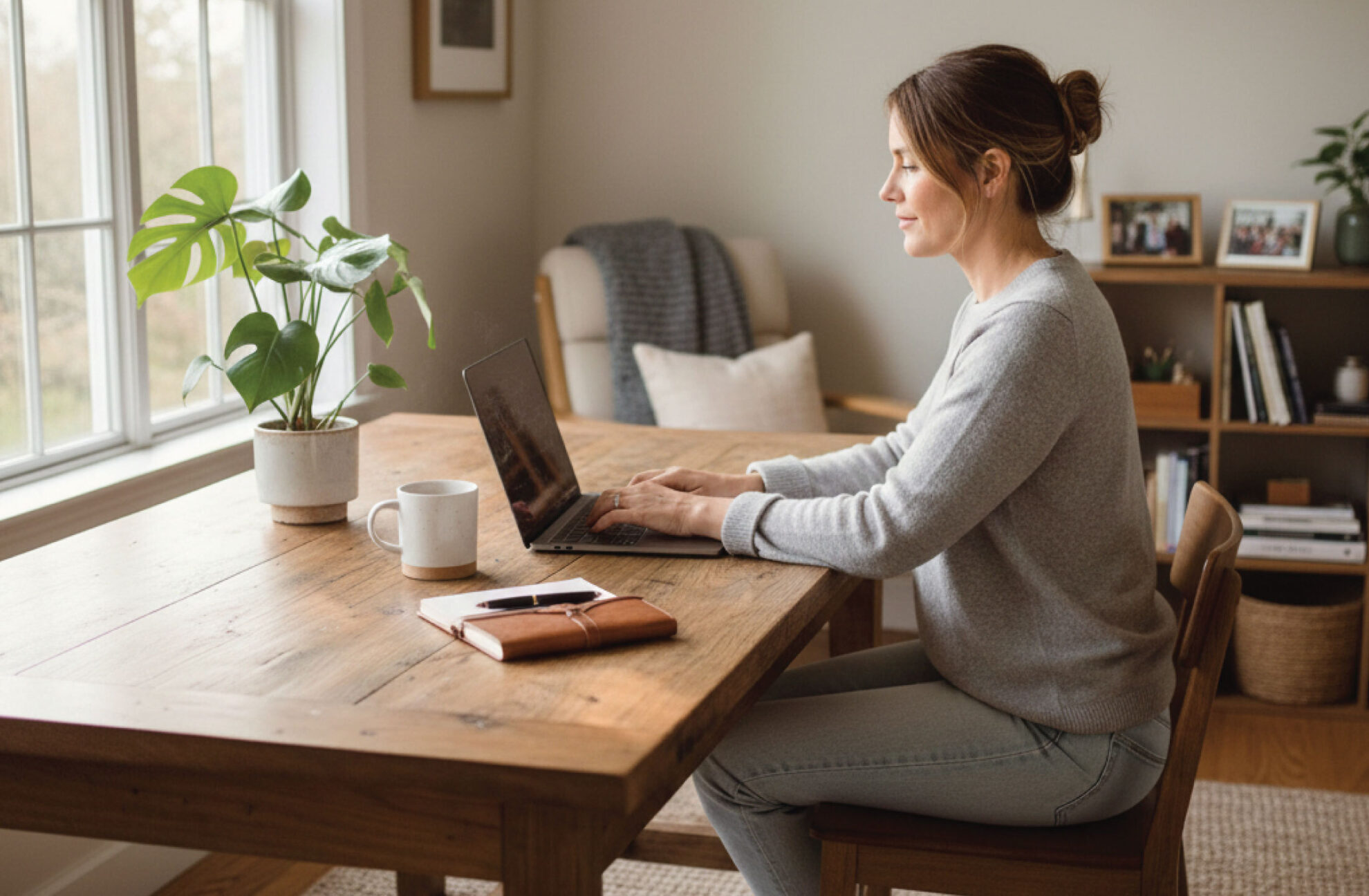 A woman sits at a wooden table working on a laptop in a cozy, light-filled room. A notebook, mug, and potted plant are on the table. Bookshelves and a chair are in the background.