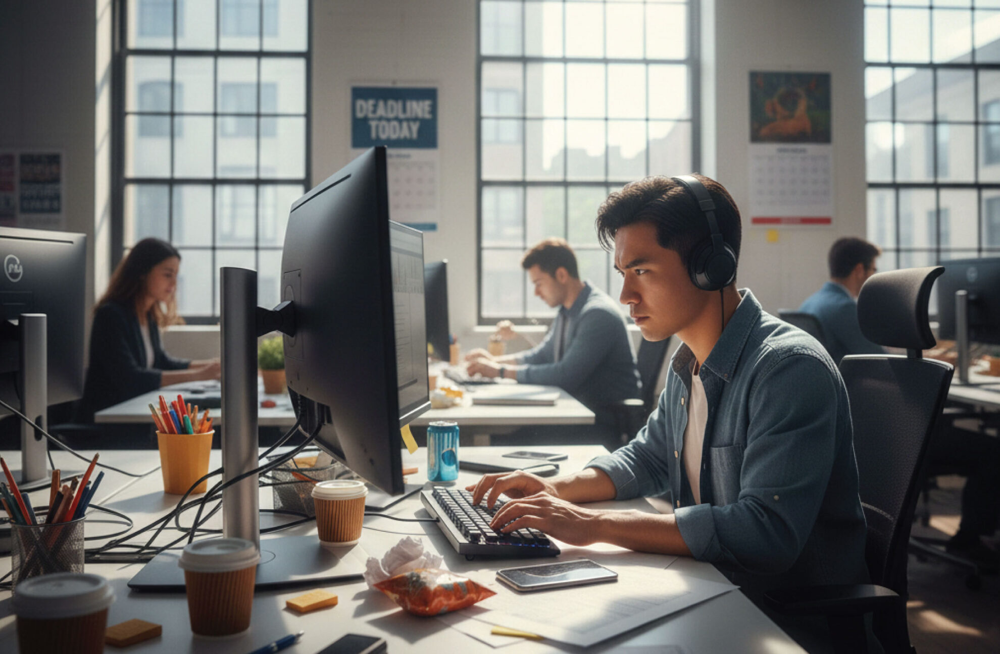  A focused young man wearing headphones works at a computer in a bright, modern office with colleagues in the background. Coffee cups, snacks, and stationery are on his desk. Sunlight streams through large windows.