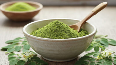 A ceramic bowl filled with green moringa powder and a wooden spoon, surrounded by fresh moringa leaves and white moringa flowers on a wooden surface; another bowl is in the background.