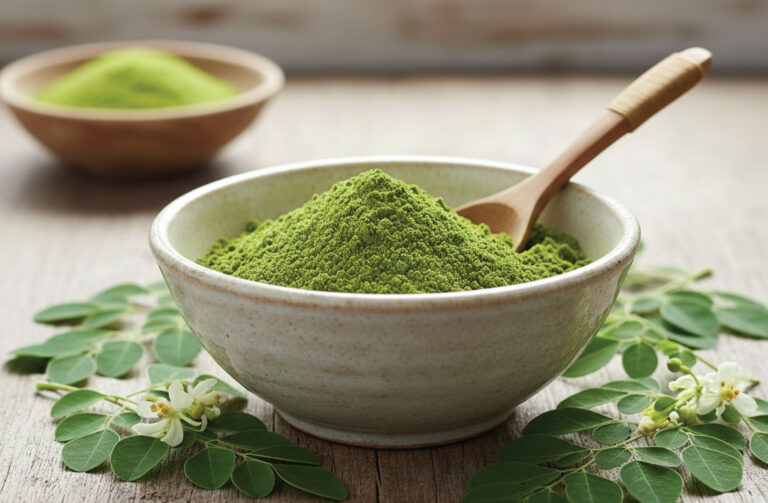 A ceramic bowl filled with green moringa powder and a wooden spoon, surrounded by fresh moringa leaves and white moringa flowers on a wooden surface; another bowl is in the background.
