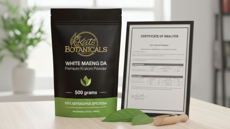 A black pouch labeled Kats Botanicals White Maeng Da Premium Kratom Powder, 500 grams sits beside a framed certificate of analysis, green leaves, and two wooden scoops on a white table in a bright room.