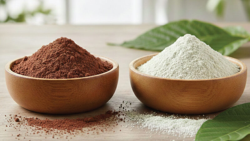 Two wooden bowls on a wooden surface, one filled with brown powder and the other with white powder. Green leaves are visible in the background, creating a natural, fresh setting.