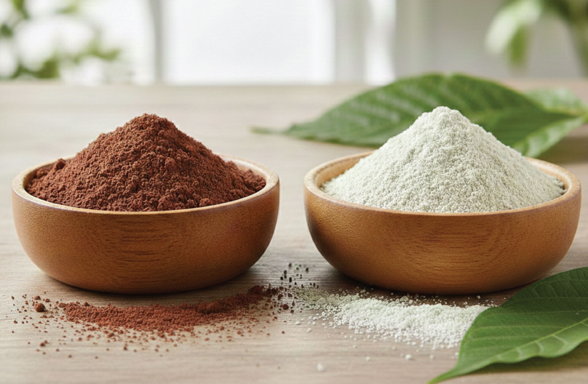 Two wooden bowls on a wooden surface, one filled with brown powder and the other with white powder. Green leaves are visible in the background, creating a natural, fresh setting.