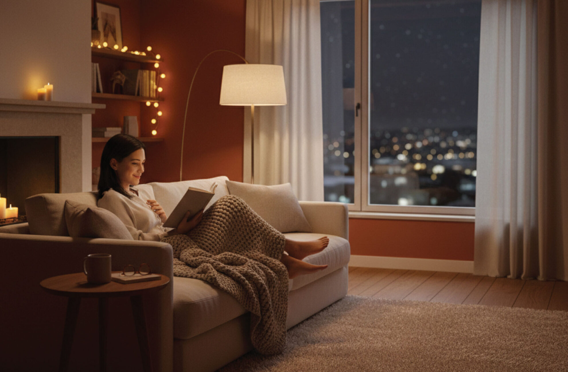 A woman sits on a sofa, wrapped in a blanket, reading a book by soft lamp light in a cozy living room. Candles and string lights glow, and a cityscape is visible through the window at night.