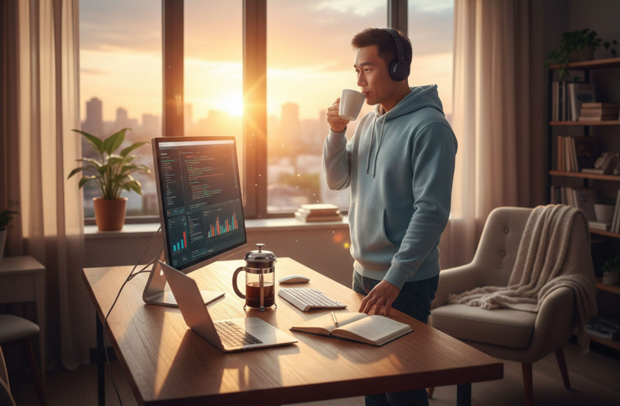  A person wearing headphones stands at a desk with a computer and coffee, looking at code on the screen. Sunlight streams through large windows, revealing a cityscape. The workspace is tidy, with notebooks, plants, and a cozy chair.