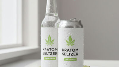 Two beverage containers—one glass bottle and one aluminum can—labeled Kratom Seltzer Lime & Ginger sit on a white countertop with ice cubes and lime wedges, both covered in condensation.