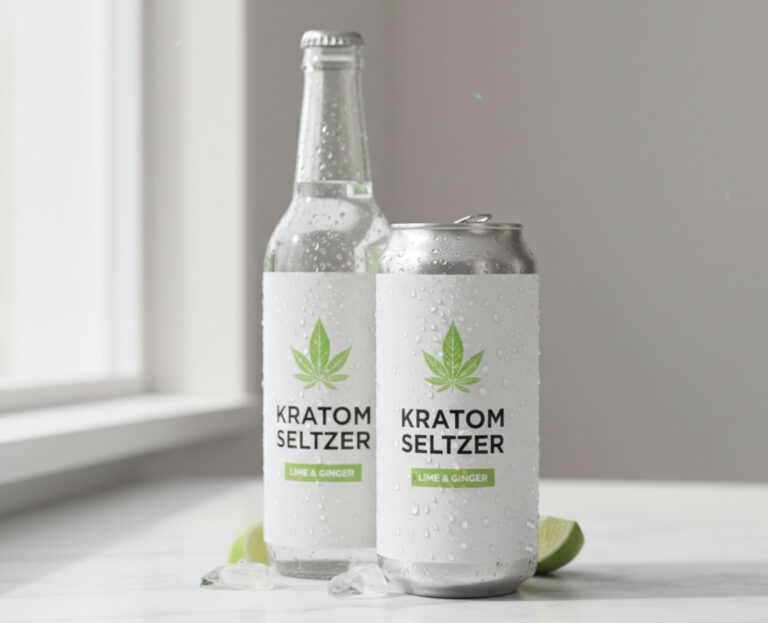 Two beverage containers—one glass bottle and one aluminum can—labeled Kratom Seltzer Lime & Ginger sit on a white countertop with ice cubes and lime wedges, both covered in condensation.