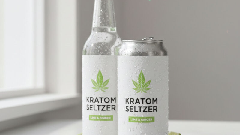 Two beverage containers—one glass bottle and one aluminum can—labeled Kratom Seltzer Lime & Ginger sit on a white countertop with ice cubes and lime wedges, both covered in condensation.