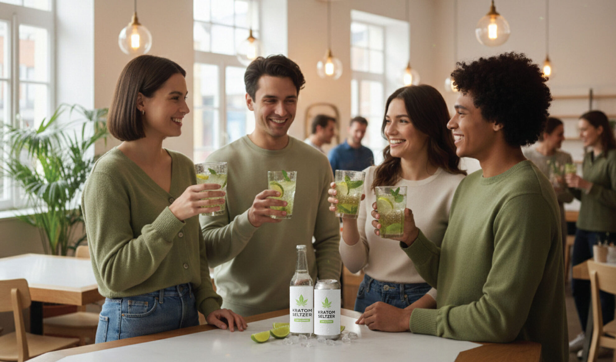 Four people stand around a table in a bright café, smiling and holding glasses with green drinks. Bottles and cans labeled “Kratom Seltzer” with lime slices are on the table. Everyone is casually dressed.