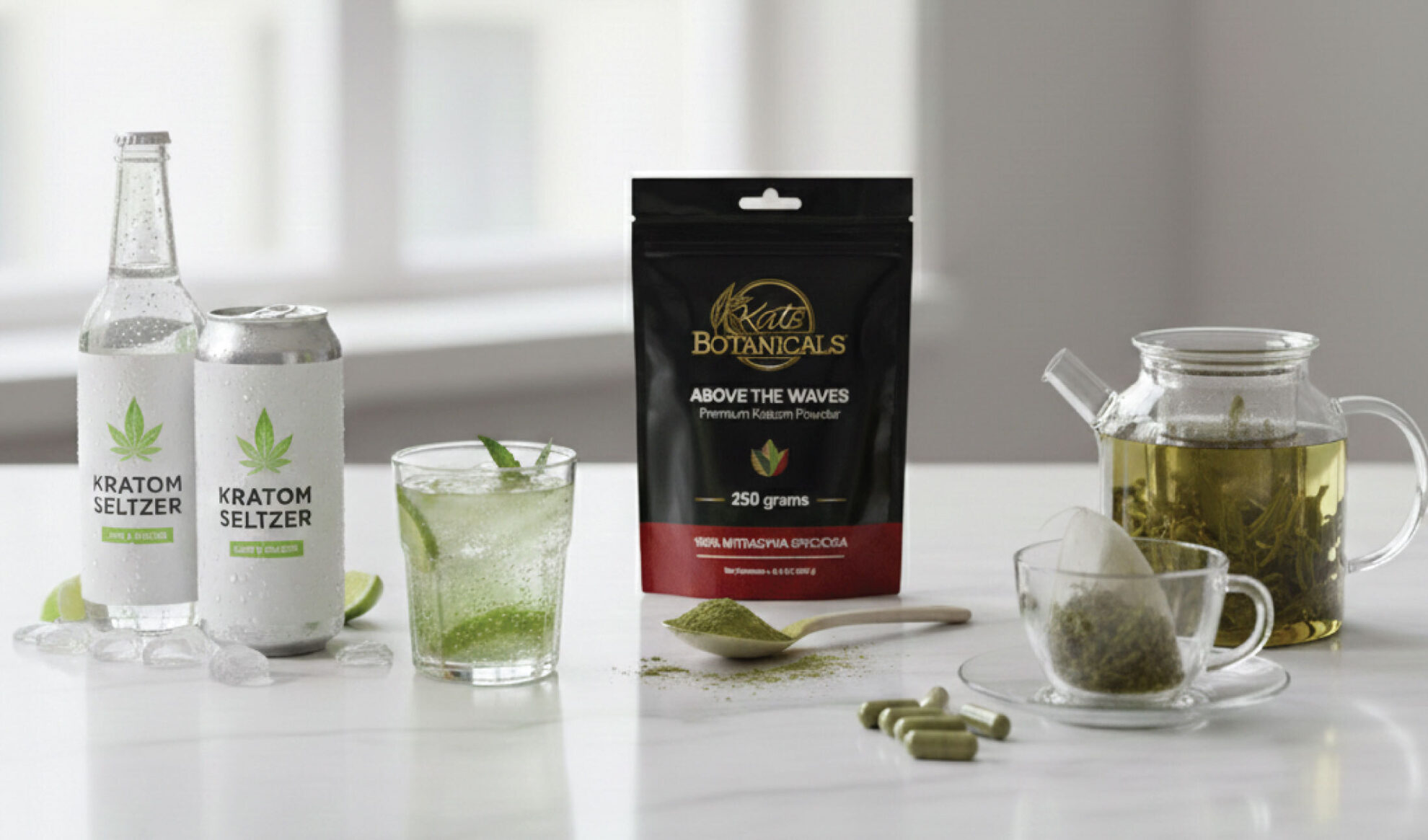 A table displays kratom seltzer bottles and cans, a glass with green liquid, a packet of kratom powder, a teapot with green tea, a tea infuser, and green powder on a spoon and the table.