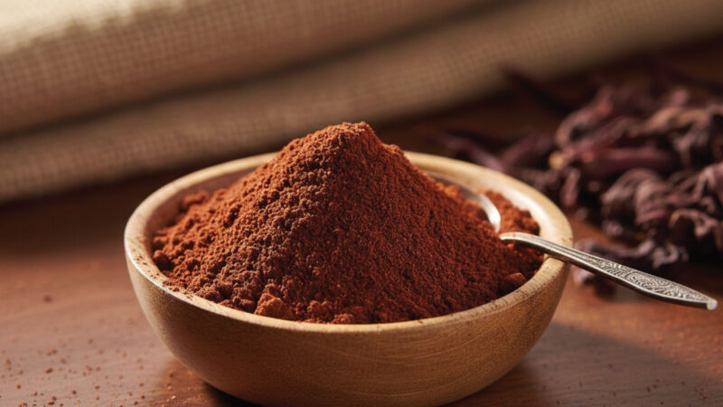 A wooden bowl filled with reddish-brown red maeng da kratom powder sits on a wooden surface. A silver spoon rests in the bowl, and red maeng da kratom is partially visible in the background.