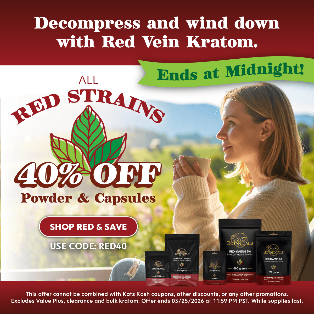 40% off Red Vein Kratom Powders and Capsules
