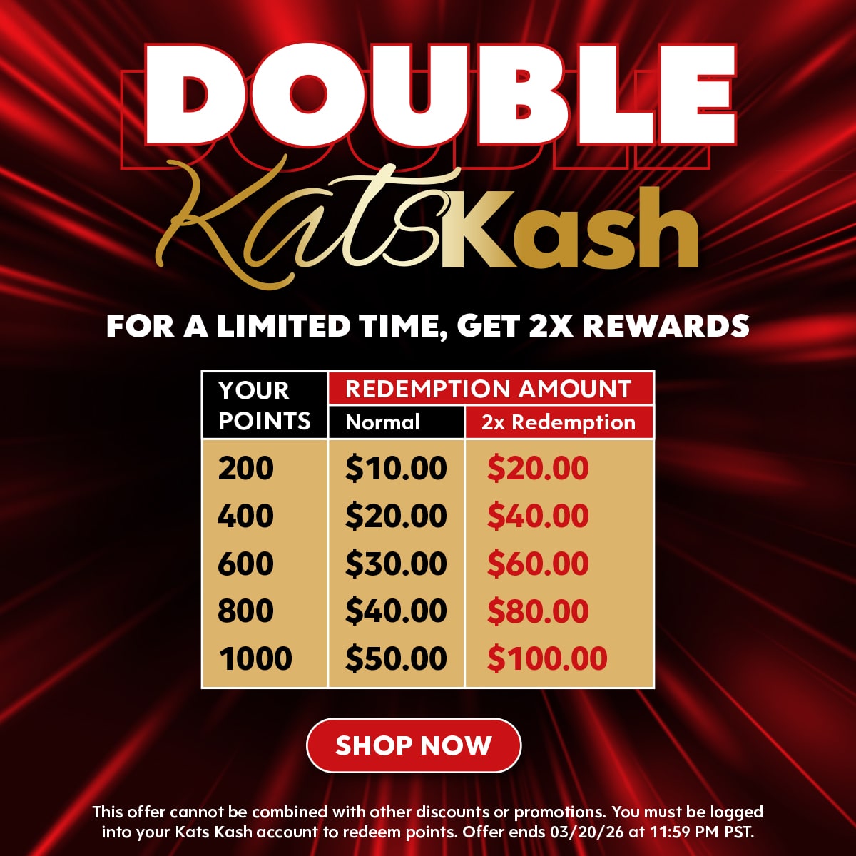 Kats Kash - Double Value Points Redemption