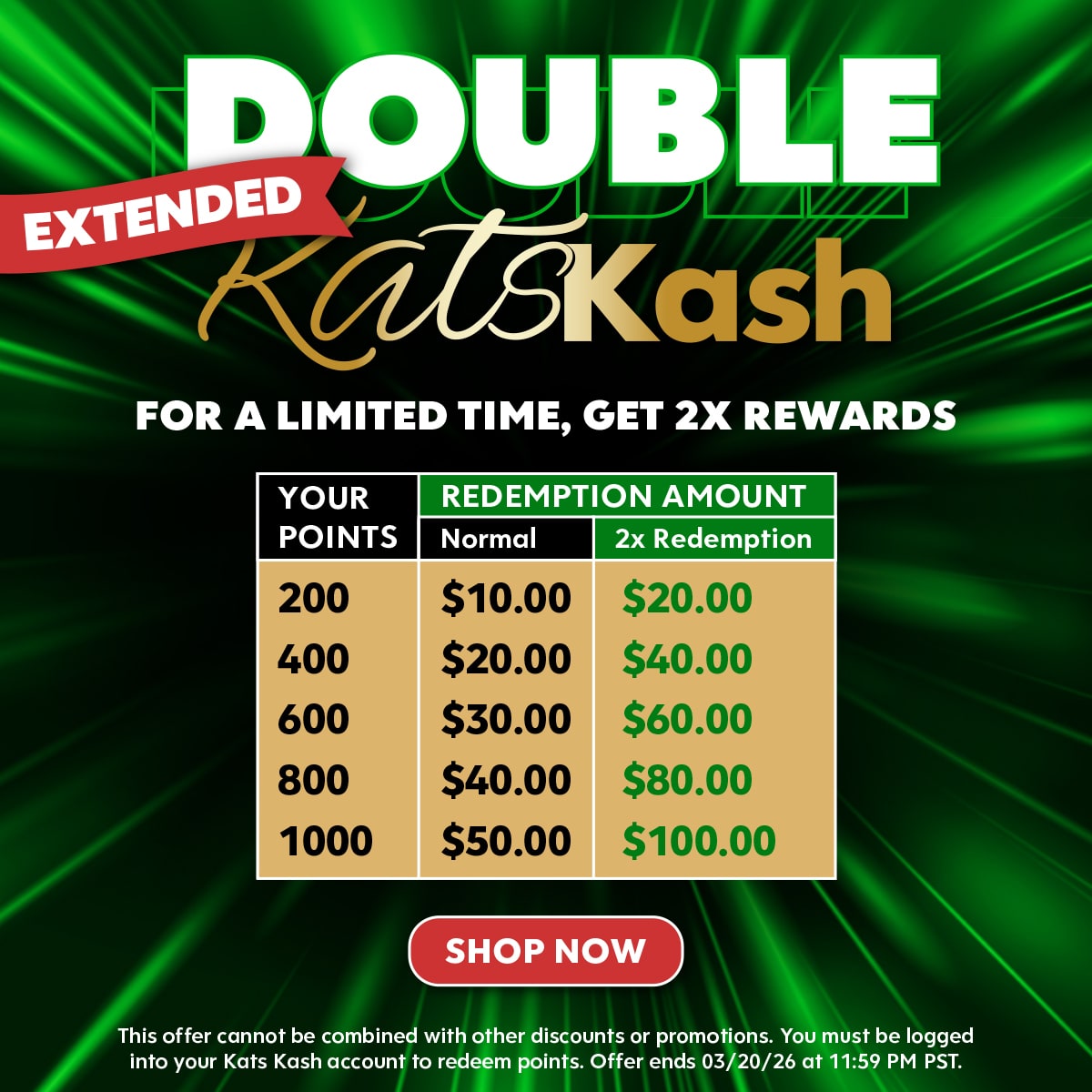 Kats Kash - Double Value Points Redemption
