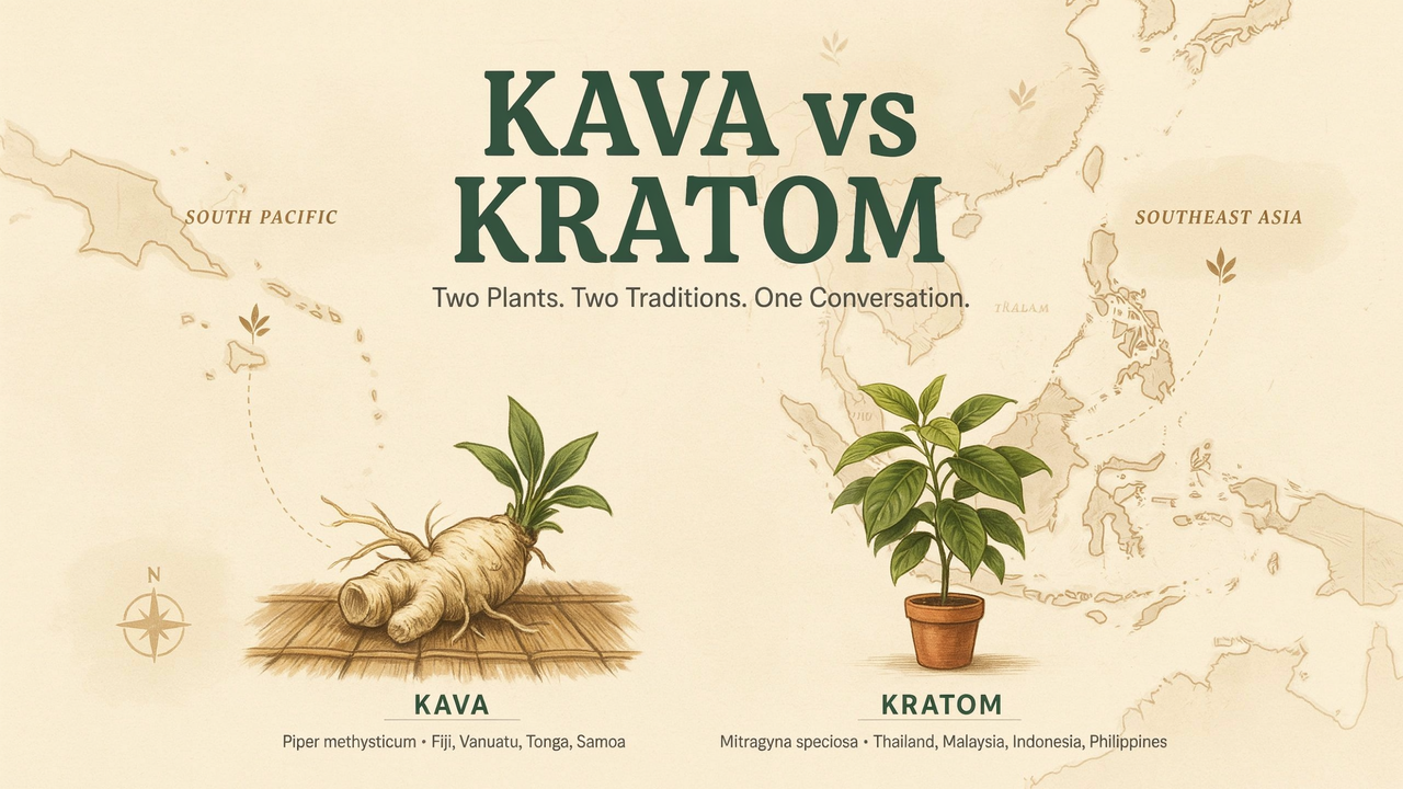 A map background with illustrations of a kava root and a kratom plant. Text reads, KAVA vs KRATOM: Two Plants. Two Traditions. One Conversation. Lists regions for each plant.