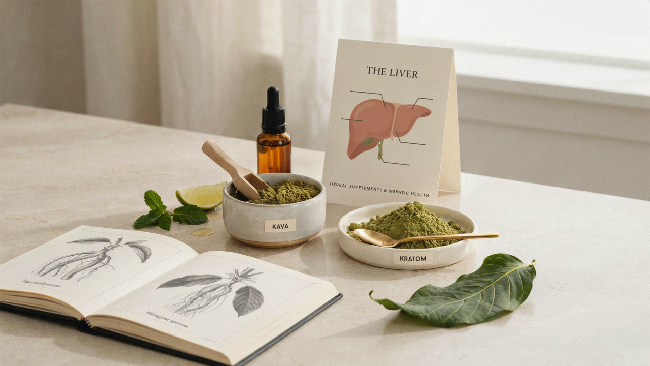 Two bowls labeled Kava and Kratom with powder, an open botanical book, a dropper bottle, mint leaves, and a liver health chart on a beige table by a window.