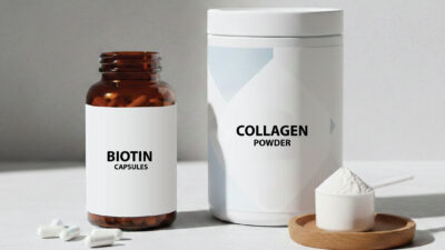 A brown bottle labeled Biotin Capsules is next to a white container labeled Collagen Powder with a small wooden tray holding a scoop of white powder and some capsules on a light surface.