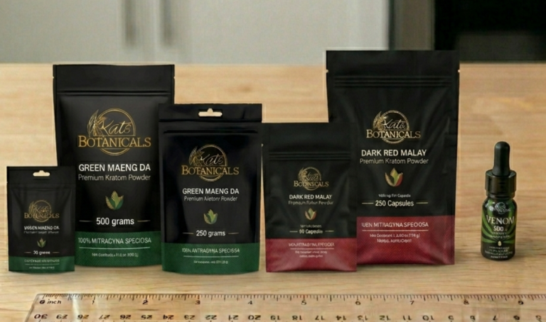 A variety of Kats Botanicals kratom powder and capsule packages, along with a bottle of Venom 500 CBD oil, are arranged on a wooden surface with a ruler in front for scale.