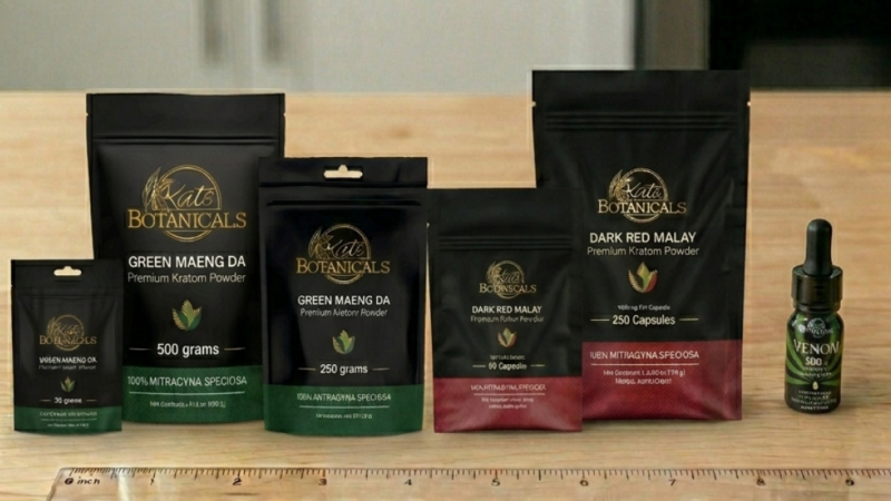 A variety of Kats Botanicals kratom powder and capsule packages, along with a bottle of Venom 500 CBD oil, are arranged on a wooden surface with a ruler in front for scale.