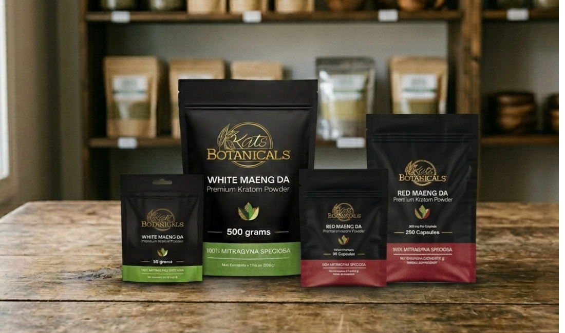  Four packages of Kats Botanicals kratom products, including White Maeng Da powder and capsules and Red Maeng Da capsules, displayed on a wooden table with shelves of products blurred in the background.