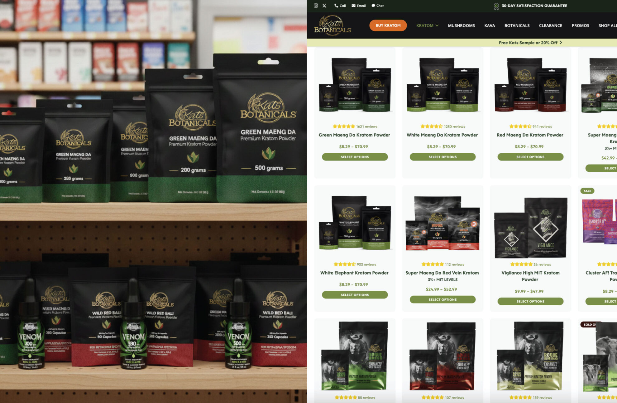  A split image shows Kratora Botanicals products on a store shelf (left) and the same products with ratings and prices on an online shop webpage (right). Both displays feature black packaging with green and gold accents.