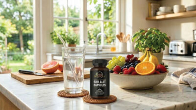 A bottle of shilajit capsules sits on a kitchen countertop next to a glass of water. Behind them are a large bowl of assorted fruits and a sliced grapefruit, with a bright window and green garden in the background.