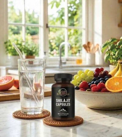 A bottle of shilajit capsules sits on a kitchen countertop next to a glass of water. Behind them are a large bowl of assorted fruits and a sliced grapefruit, with a bright window and green garden in the background.