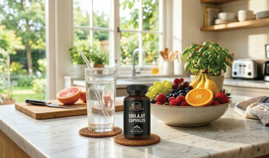 A bottle of shilajit capsules sits on a kitchen countertop next to a glass of water. Behind them are a large bowl of assorted fruits and a sliced grapefruit, with a bright window and green garden in the background.
