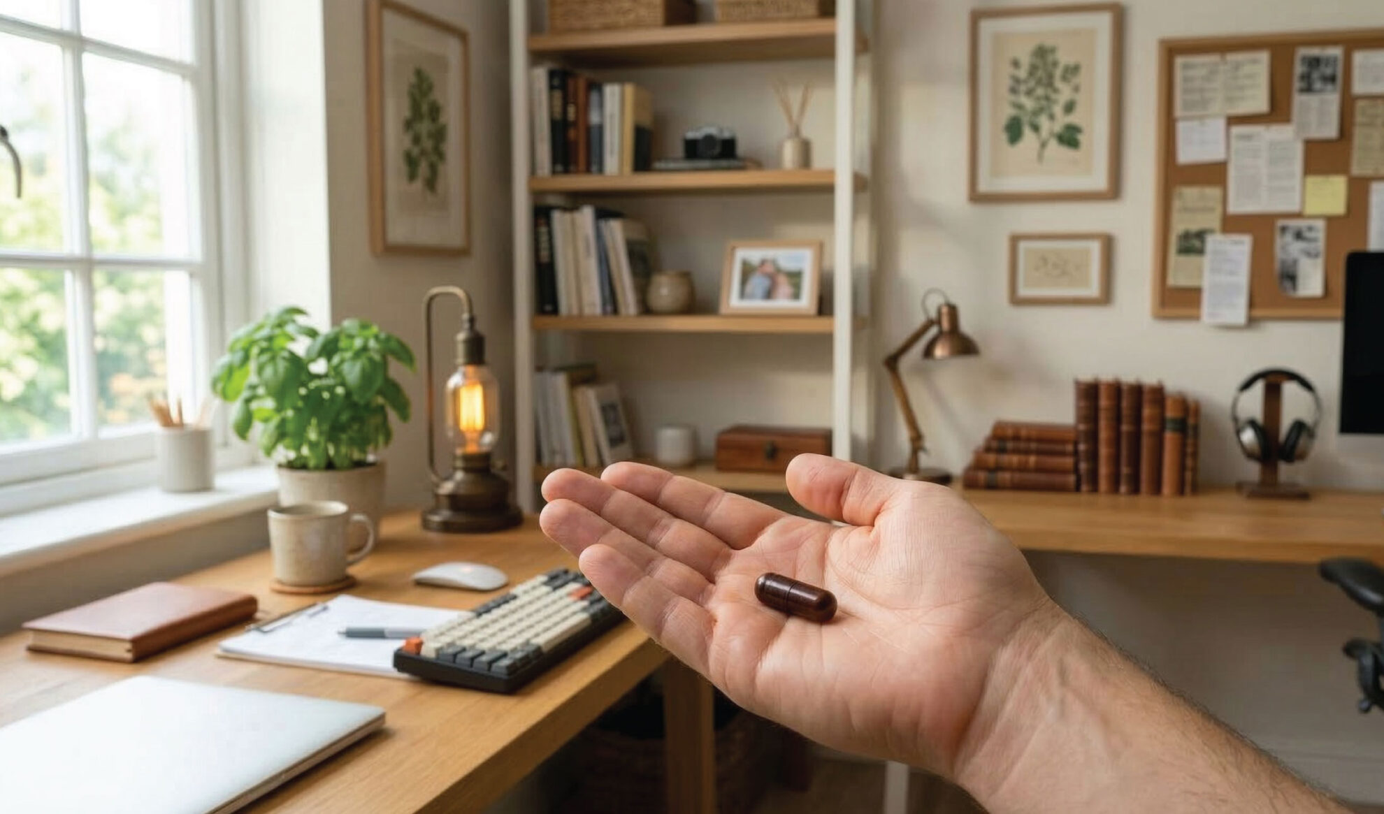  A person holds a brown capsule pill in their palm in a cozy home office with bookshelves, a desk, a lamp, a plant, and a bulletin board visible in the background.