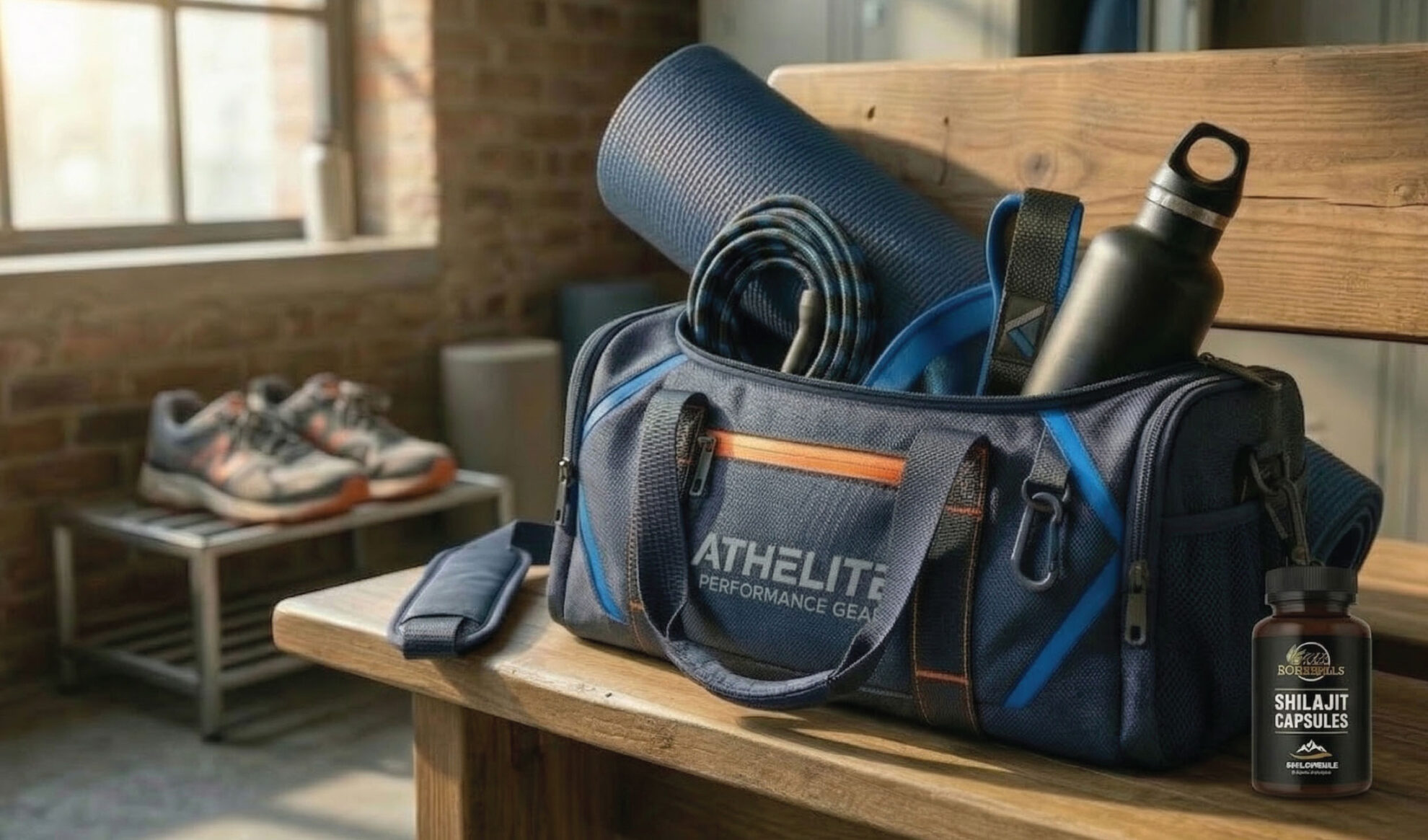 A blue gym bag labeled Athletit sits on a bench with a water bottle, jump rope, and yoga mat. Sneakers are on a shelf in the background. A bottle of Shilajit capsules is visible in the lower right corner.