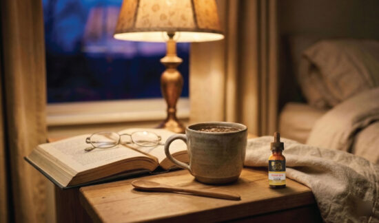 A cozy bedside scene with a cup of coffee, an open book, reading glasses, a wooden spoon, and a small bottle of drops on a nightstand, lit by a warm lamp with an unmade bed in the background.