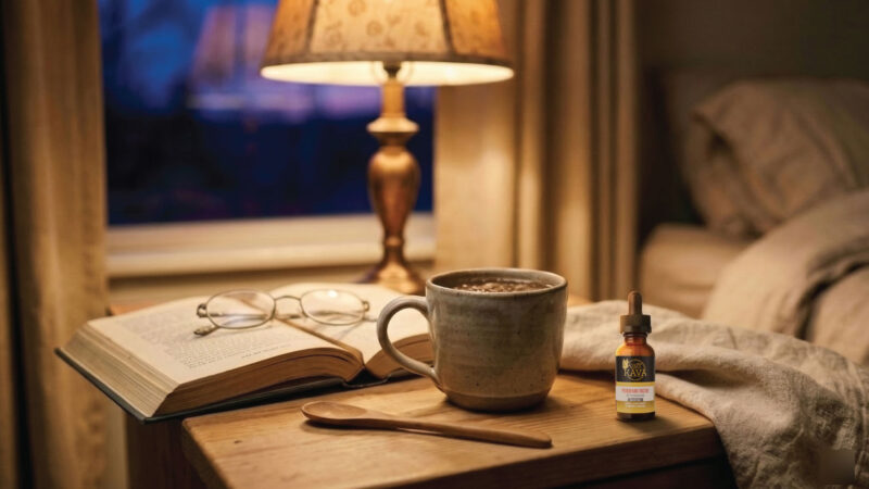 A cozy bedside scene with a cup of coffee, an open book, reading glasses, a wooden spoon, and a small bottle of drops on a nightstand, lit by a warm lamp with an unmade bed in the background.