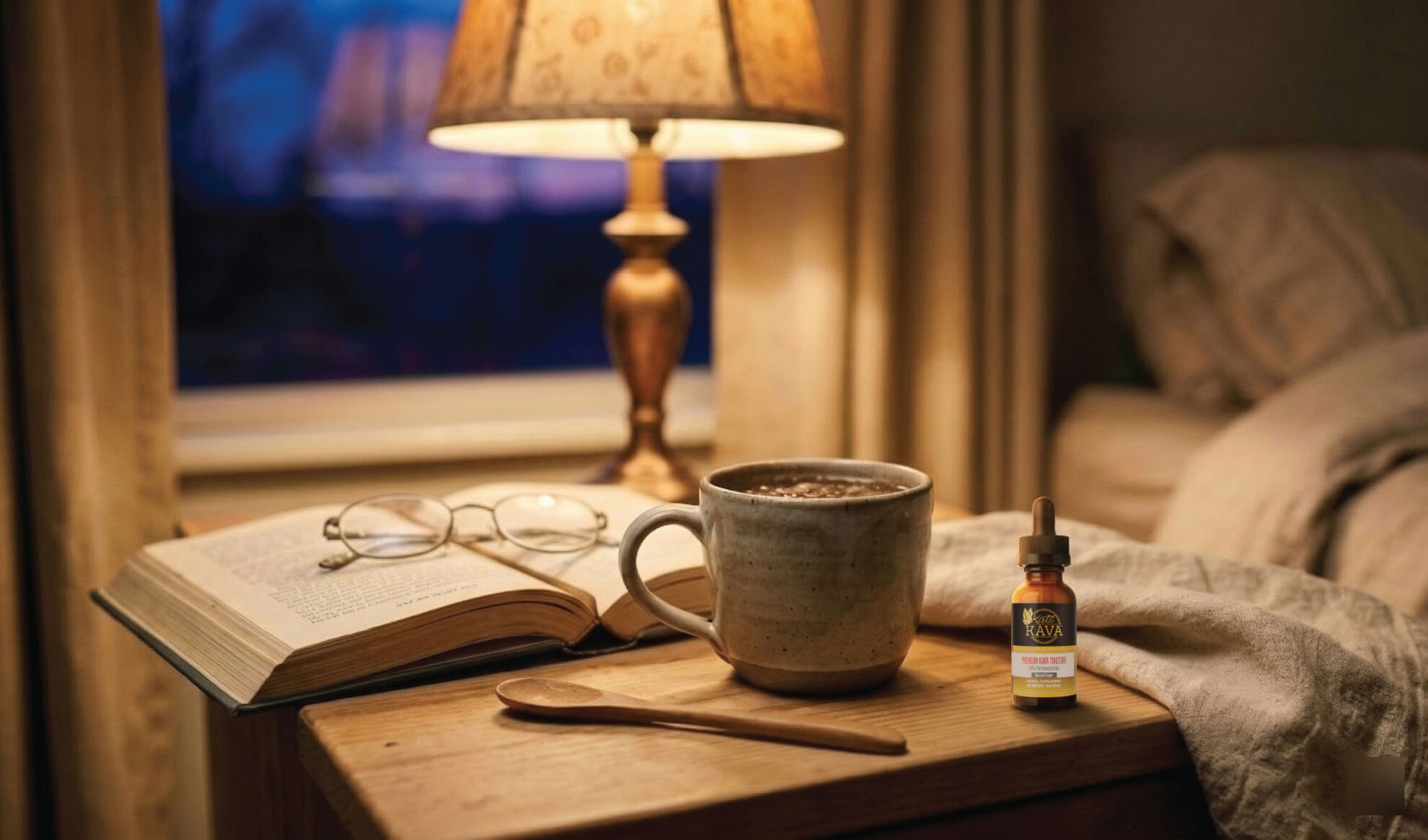 A cozy bedside scene with a cup of coffee, an open book, reading glasses, a wooden spoon, and a small bottle of drops on a nightstand, lit by a warm lamp with an unmade bed in the background.