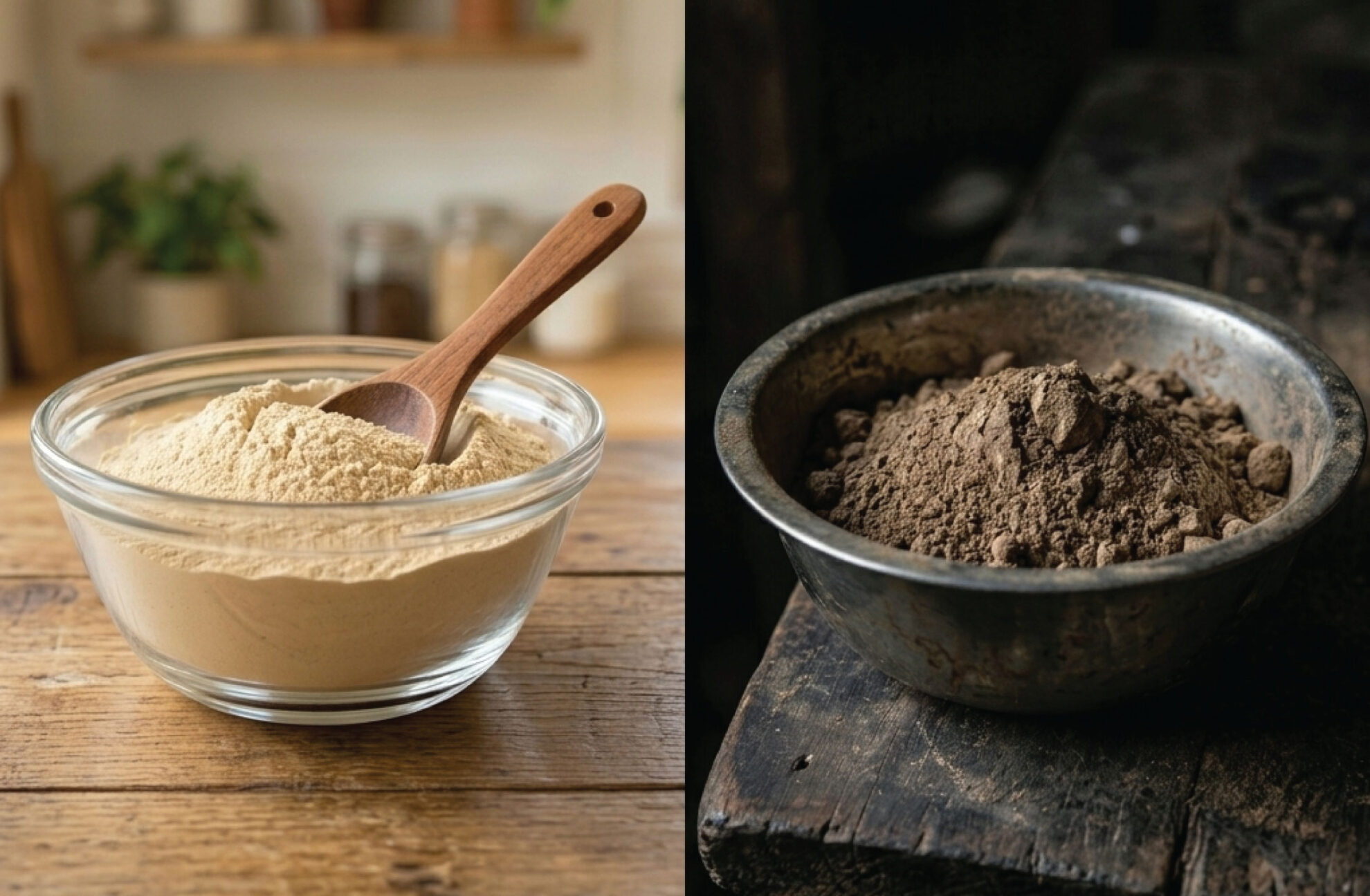 Side-by-side image of two bowls: the left bowl contains light beige powder with a wooden spoon, and the right bowl holds dark brown powder. Both bowls are placed on wooden surfaces.