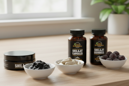 Three small white bowls hold shilajit resin, capsules, and gummies in front of labeled jars for shilajit resin, capsules, and gummies on a light wooden table with a blurred window in the background.