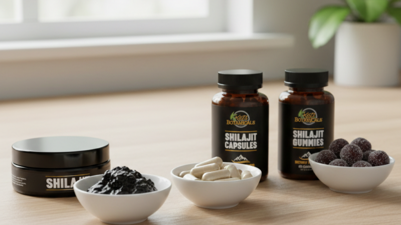 Three small white bowls hold shilajit resin, capsules, and gummies in front of labeled jars for shilajit resin, capsules, and gummies on a light wooden table with a blurred window in the background.