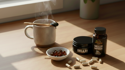 A steaming mug with a wooden spoon, a small bowl of capsules, an open container of shilajit resin, and a bottle of shilajit capsules sit on a sunlit wooden table next to a potted plant.