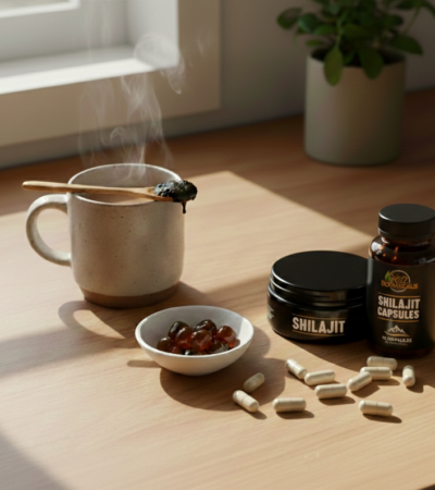 A steaming mug with a wooden spoon, a small bowl of capsules, an open container of shilajit resin, and a bottle of shilajit capsules sit on a sunlit wooden table next to a potted plant.