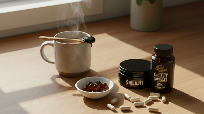 A steaming mug with a wooden spoon, a small bowl of capsules, an open container of shilajit resin, and a bottle of shilajit capsules sit on a sunlit wooden table next to a potted plant.