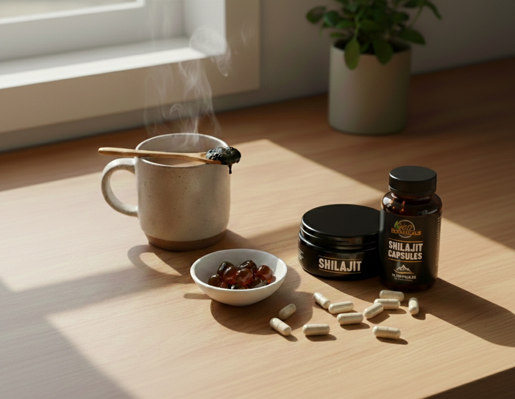 A steaming mug with a wooden spoon, a small bowl of capsules, an open container of shilajit resin, and a bottle of shilajit capsules sit on a sunlit wooden table next to a potted plant.