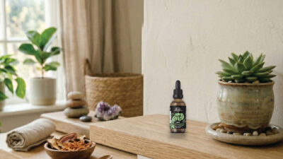 A small dropper bottle with a green label is placed on a wooden shelf next to a potted succulent. The background features a bright, cozy room with towels, stacked stones, a basket, and green plants.