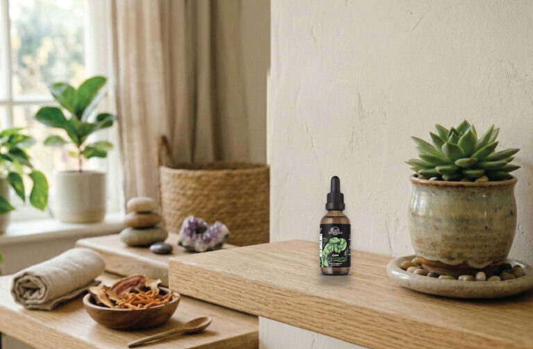 A small dropper bottle with a green label is placed on a wooden shelf next to a potted succulent. The background features a bright, cozy room with towels, stacked stones, a basket, and green plants.
