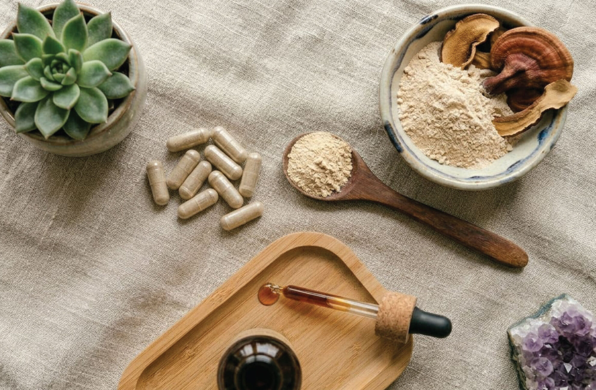 A flat lay of natural wellness items, including a succulent plant, herbal capsules, a spoonful and bowl of powder with dried mushrooms, a dropper with amber liquid, and a small crystal cluster on a beige fabric background.