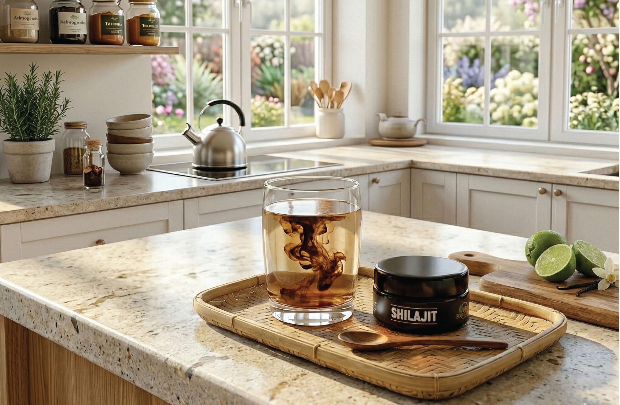 A glass of water with Shilajit dissolving in it sits on a woven tray beside a Shilajit container and wooden spoon on a sunny kitchen counter, with jars, limes, and a teapot in the background.