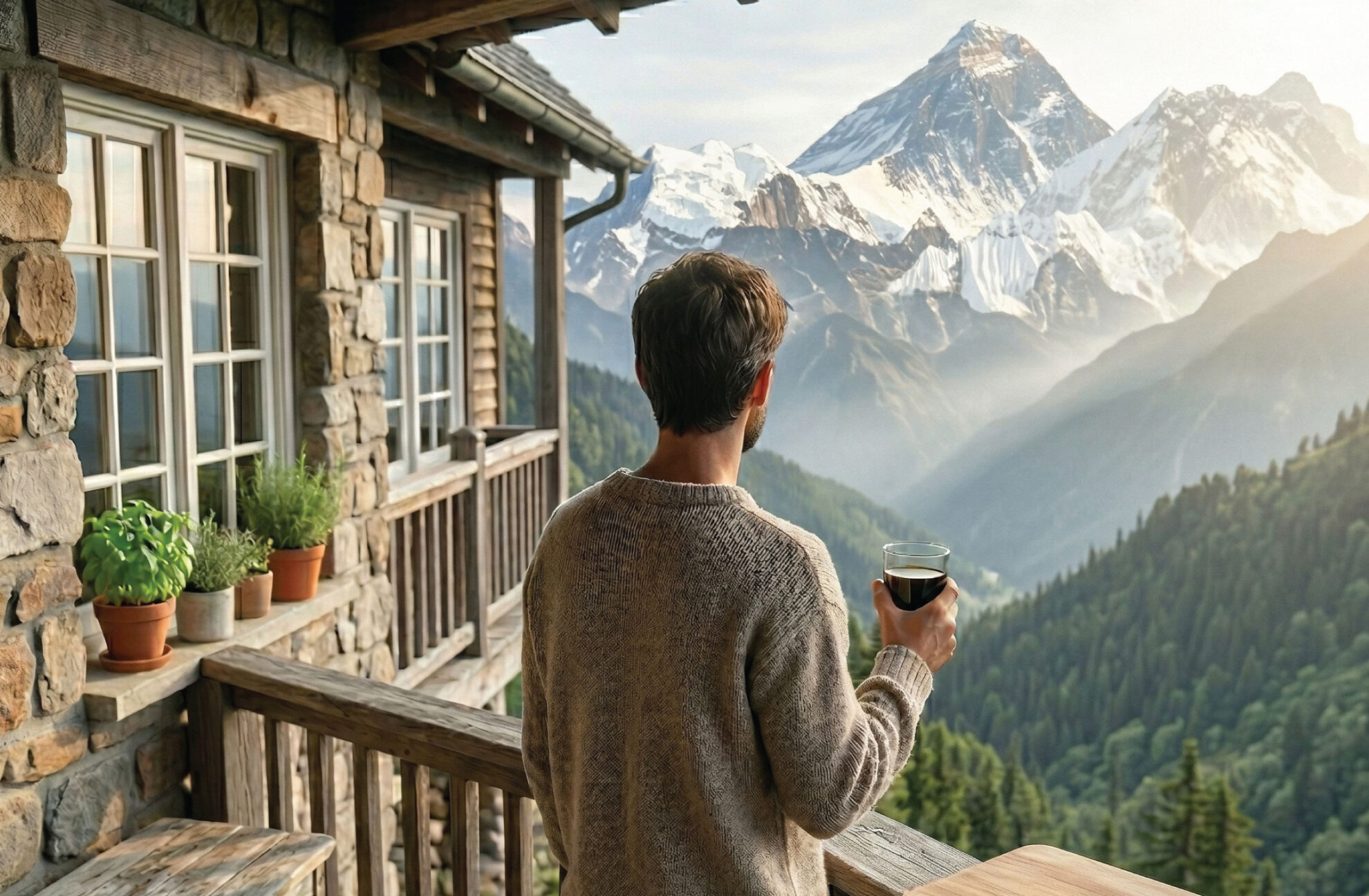 A person stands on a wooden balcony of a stone cabin, holding a glass drink, looking out at snow-capped mountains and a lush green valley under a clear sky, with potted plants lining the railing.